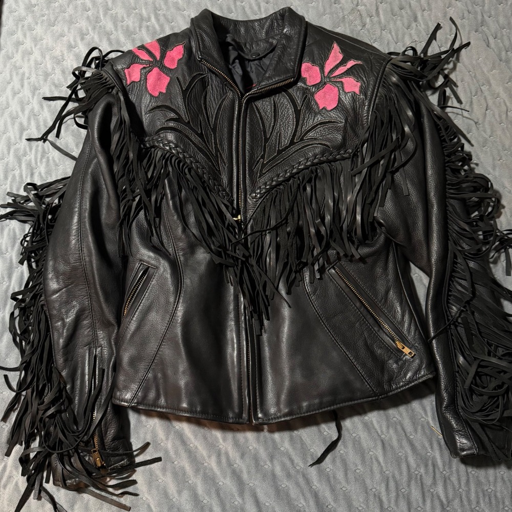 Vintage Fashions by Rose Leather Fringe Braid Jacket 12 Black Pink Suede Floral
